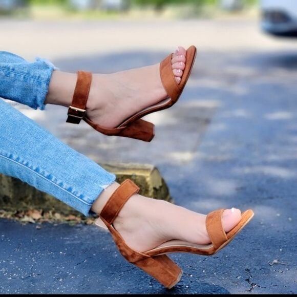 Womens Suede Ankle Strap Block Heel Dress Sandals Tan Color - Picture 1 of 5